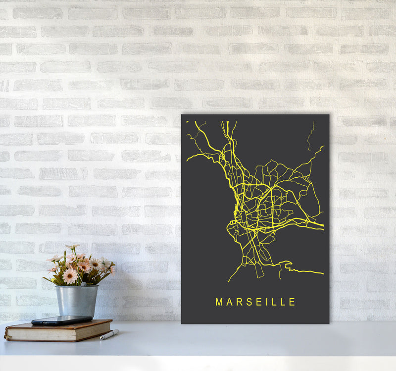 Marseille Map Neon Art Print by Pixy Paper A2 Black Frame