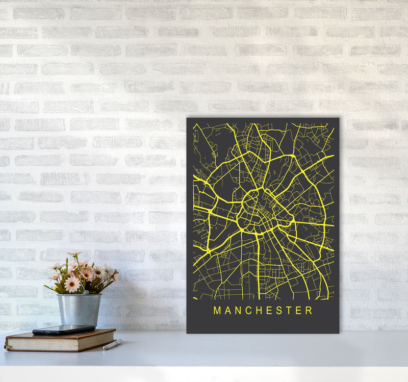 Manchester Map Neon Art Print by Pixy Paper A2 Black Frame