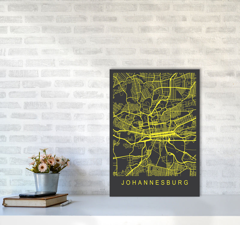 Johannesburg Map Neon Art Print by Pixy Paper A2 Black Frame