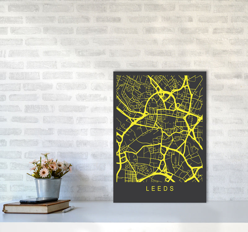 Leeds Map Neon Art Print by Pixy Paper A2 Black Frame