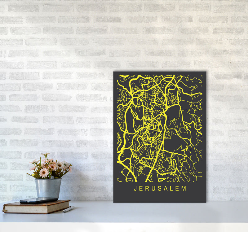 Jerusalem Map Neon Art Print by Pixy Paper A2 Black Frame