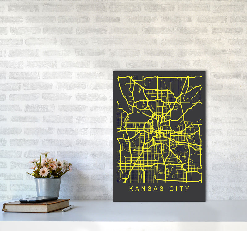 Kansas City Map Neon Art Print by Pixy Paper A2 Black Frame