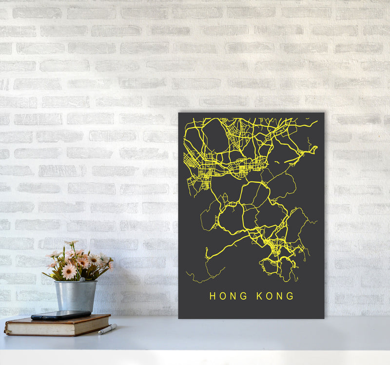 Hong Kong Map Neon Art Print by Pixy Paper A2 Black Frame