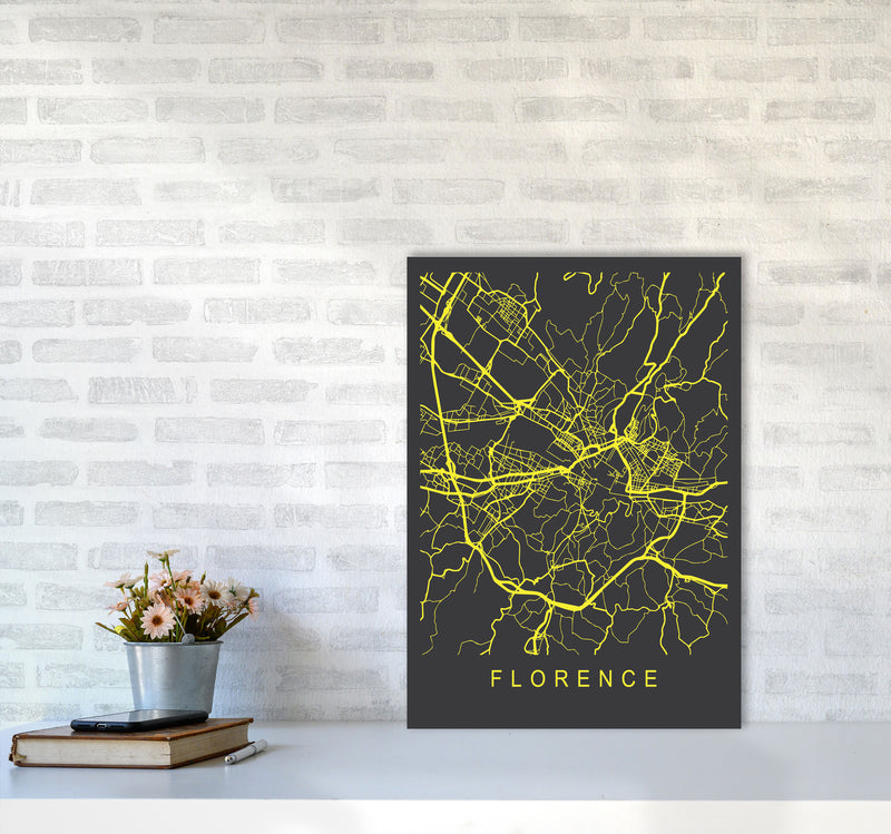 Florence Map Neon Art Print by Pixy Paper A2 Black Frame