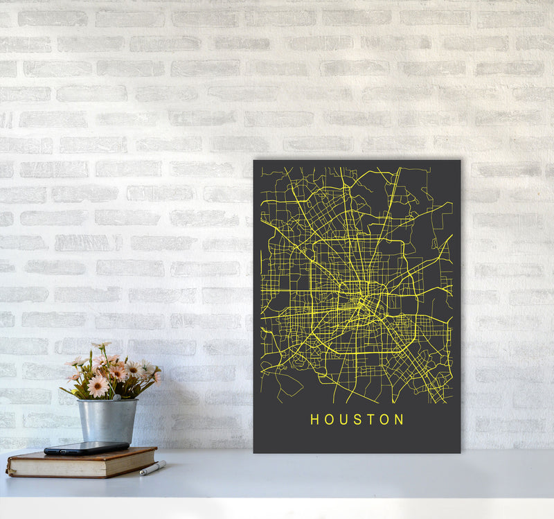 Houston Map Neon Art Print by Pixy Paper A2 Black Frame