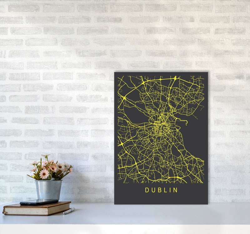 Dublin Map Neon Art Print by Pixy Paper A2 Black Frame