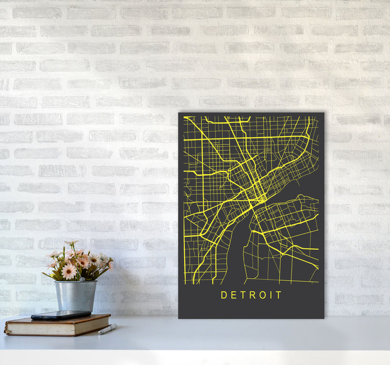 Detroit Map Neon Art Print by Pixy Paper A2 Black Frame
