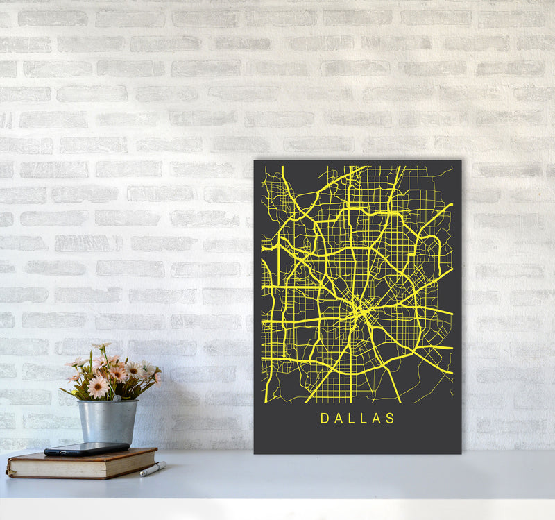 Dallas Map Neon Art Print by Pixy Paper A2 Black Frame