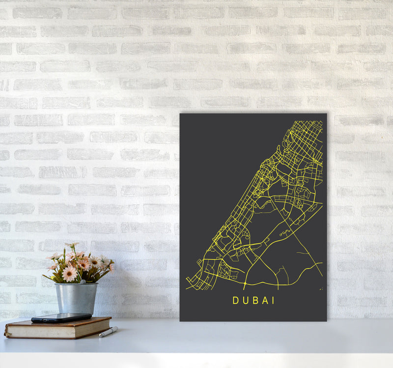 Dubai Map Neon Art Print by Pixy Paper A2 Black Frame