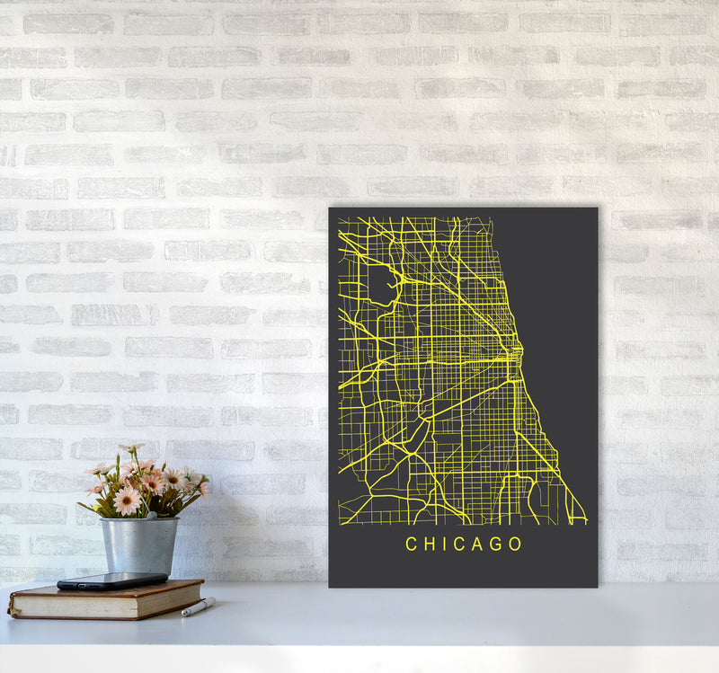 Chicago Map Neon Art Print by Pixy Paper A2 Black Frame
