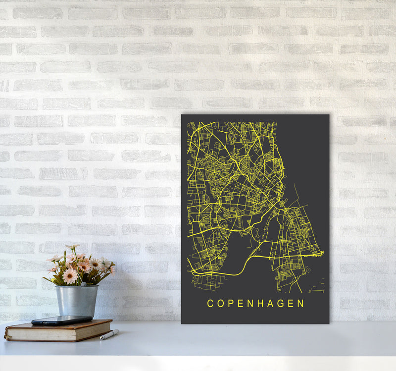Copenhagen Map Neon Art Print by Pixy Paper A2 Black Frame