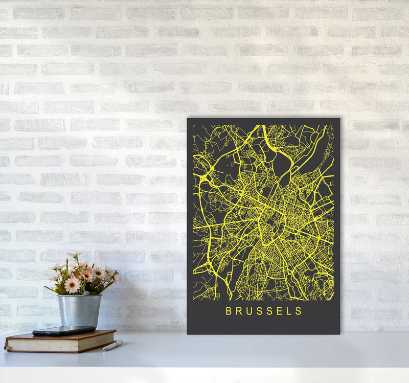 Brussels Map Neon Art Print by Pixy Paper A2 Black Frame