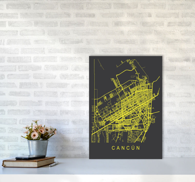 Cancun Map Neon Art Print by Pixy Paper A2 Black Frame