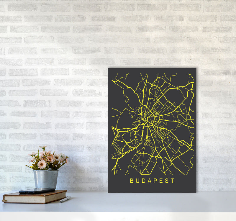 Budapest Map Neon Art Print by Pixy Paper A2 Black Frame