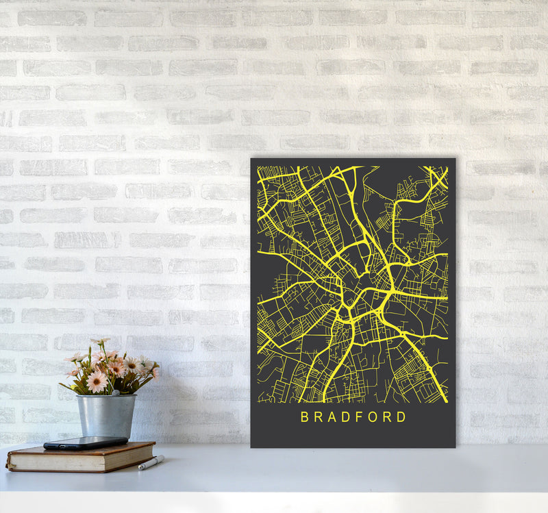 Bradford Map Neon Art Print by Pixy Paper A2 Black Frame
