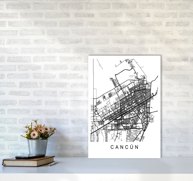 Cancun Map Art Print by Pixy Paper A2 Black Frame