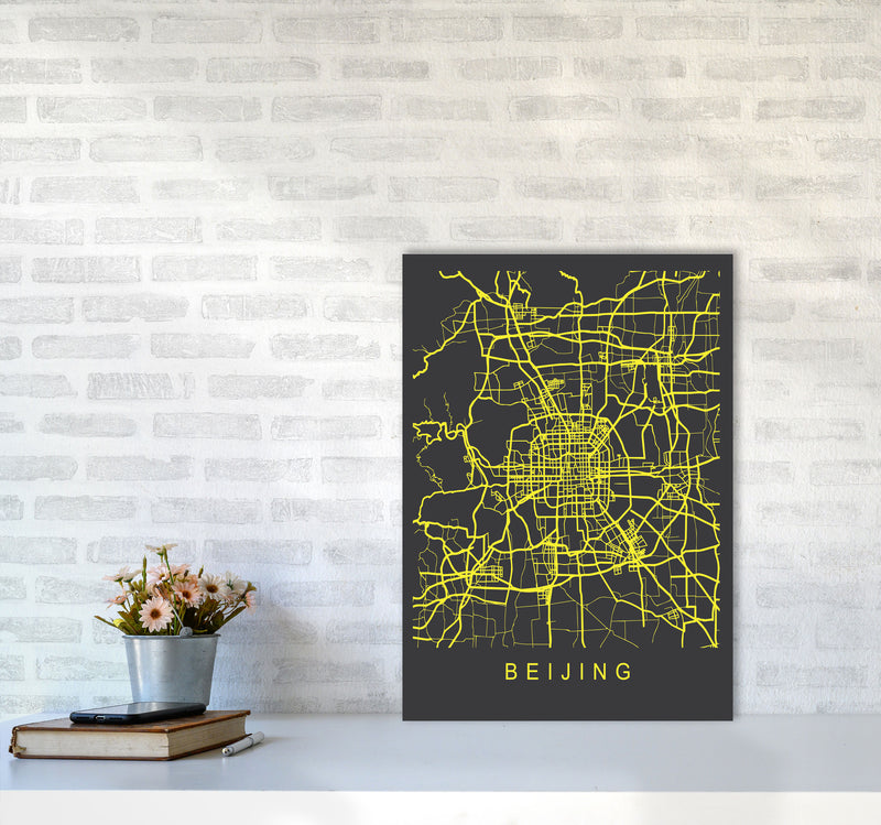 Beijing Map Neon Art Print by Pixy Paper A2 Black Frame