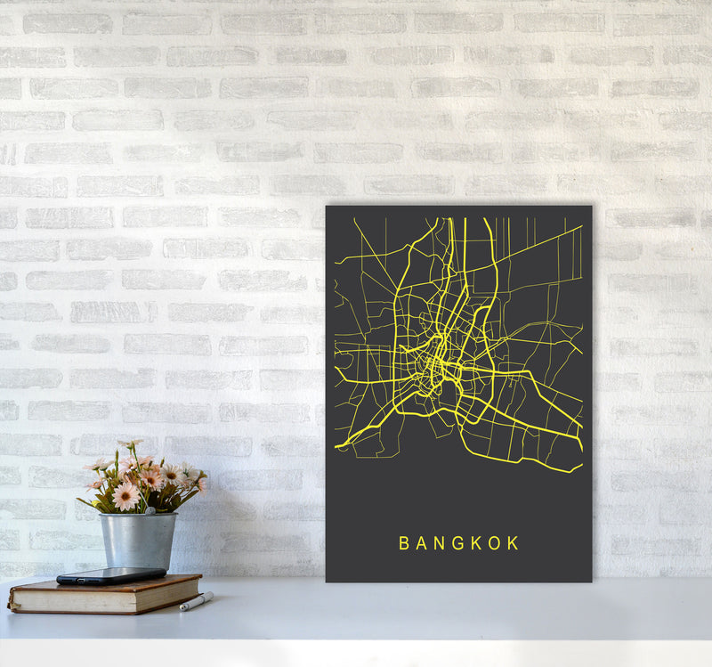 Bangkok Map Neon Art Print by Pixy Paper A2 Black Frame