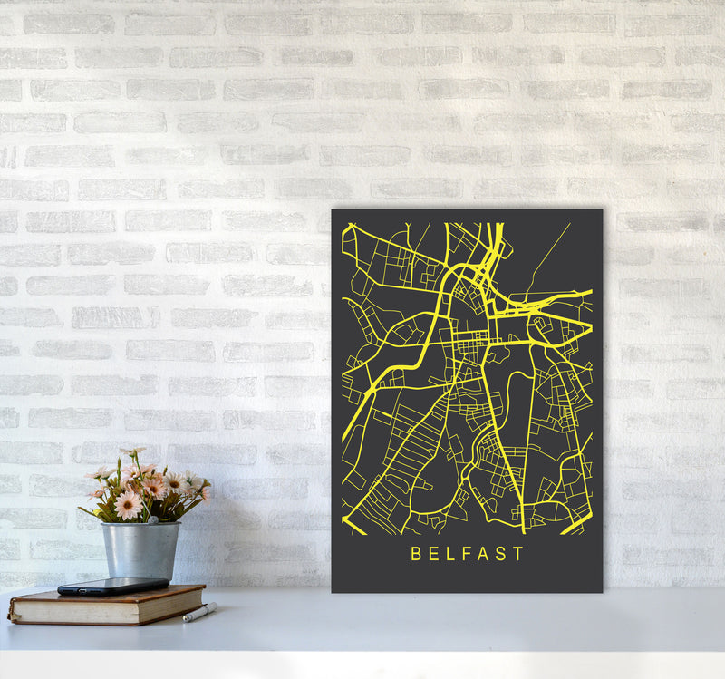 Belfast Map Neon Art Print by Pixy Paper A2 Black Frame