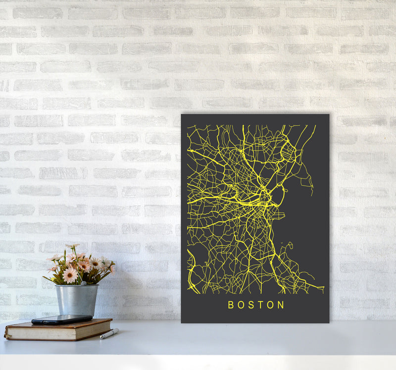Boston Map Neon Art Print by Pixy Paper A2 Black Frame