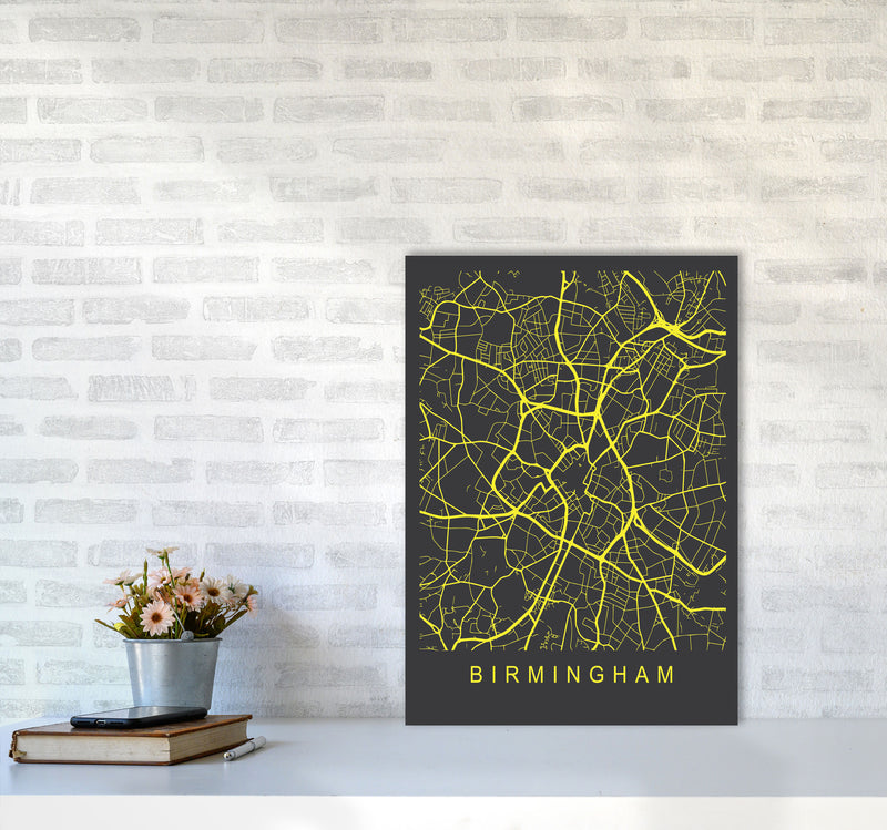 Birmingham Map Neon Art Print by Pixy Paper A2 Black Frame