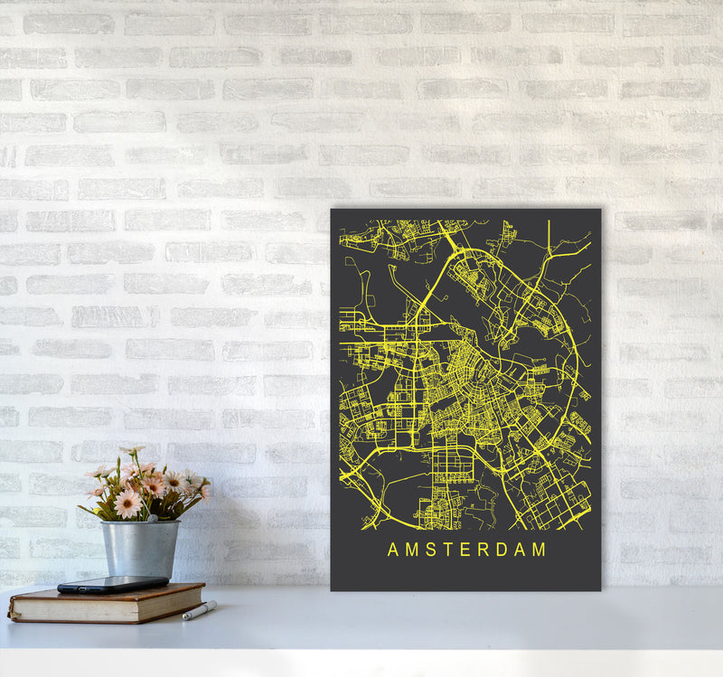 Amsterdam Map Neon Art Print by Pixy Paper A2 Black Frame