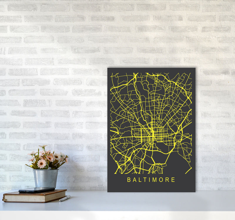 Baltimore Map Neon Art Print by Pixy Paper A2 Black Frame