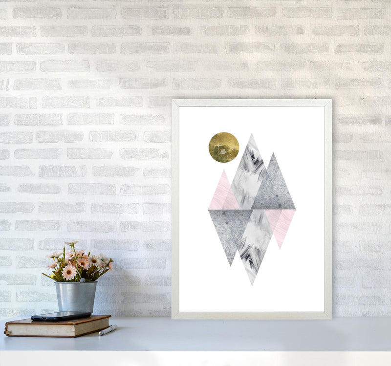 Pink And Grey Diamonds With Gold Moon Abstract Modern Print A2 Oak Frame