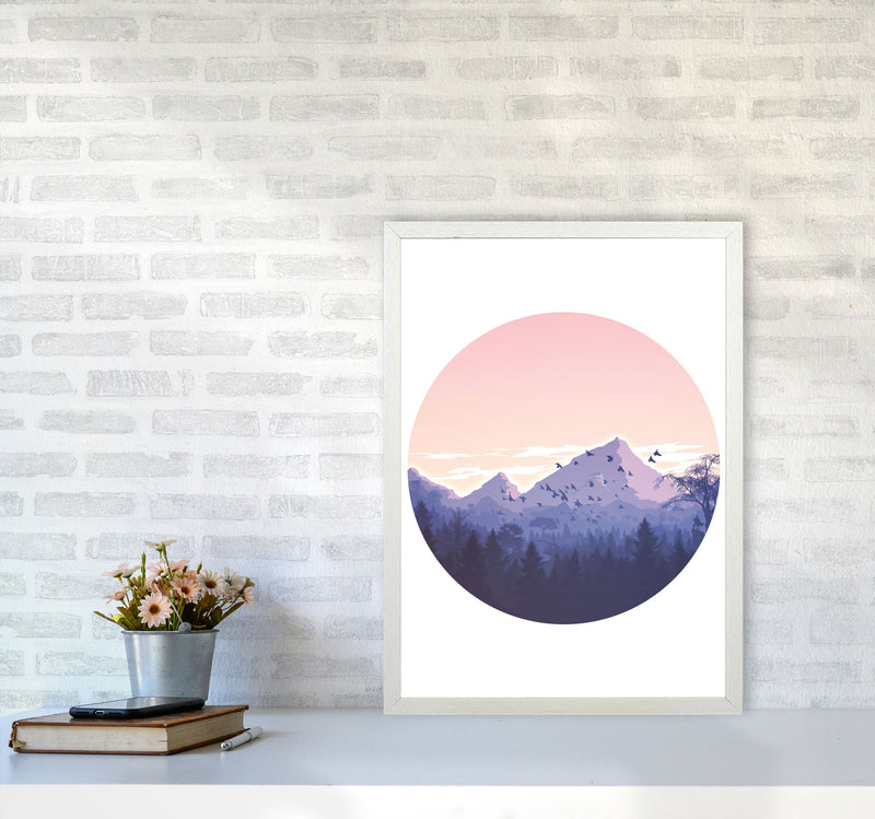 Pink Mountains Circle Abstract Modern Print A2 Oak Frame