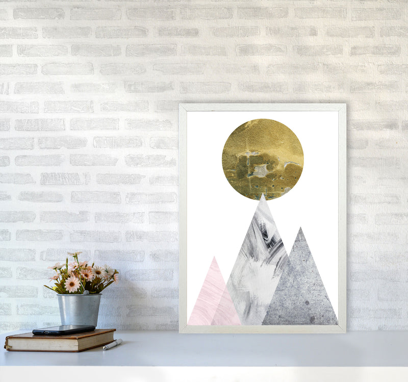 Pink And Grey Mountains Abstract Modern Print A2 Oak Frame