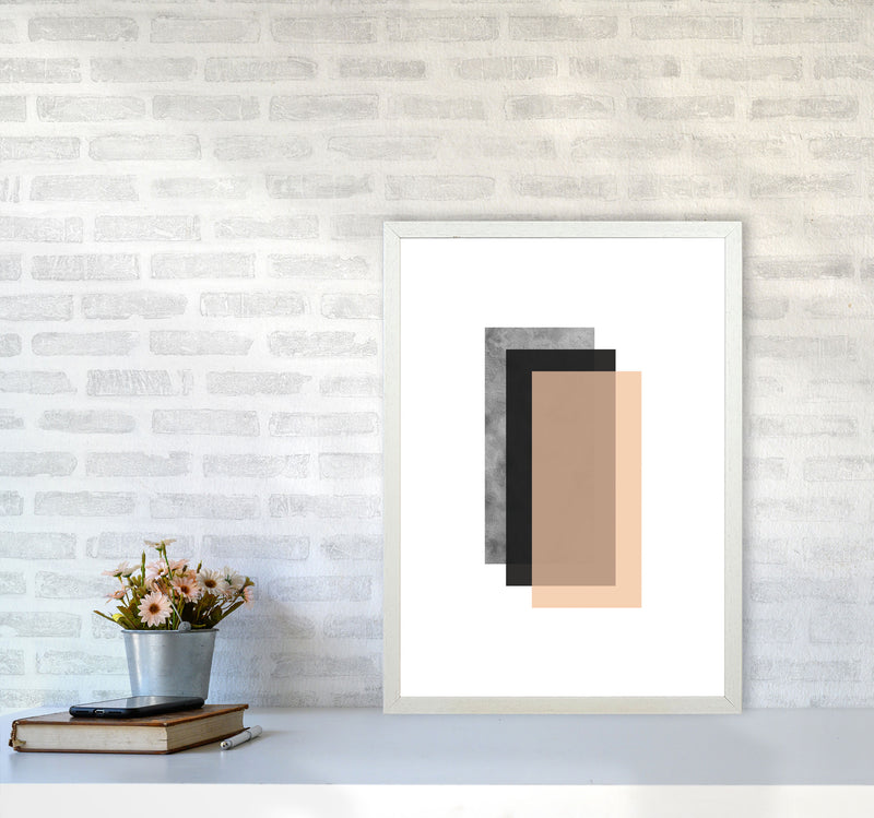 Peach And Black Abstract Rectangles Modern Print A2 Oak Frame