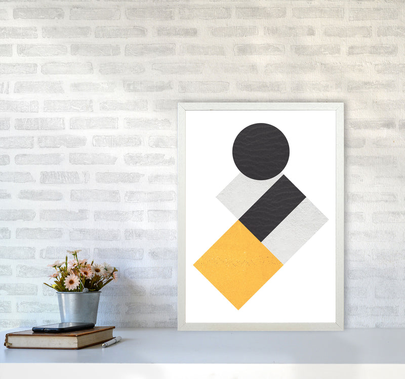 Yellow And Black Abstract Circles And Squares Modern Print A2 Oak Frame