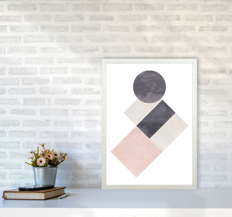 Cotton, Pink And Grey Abstract Squares And Circle Modern Print A2 Oak Frame