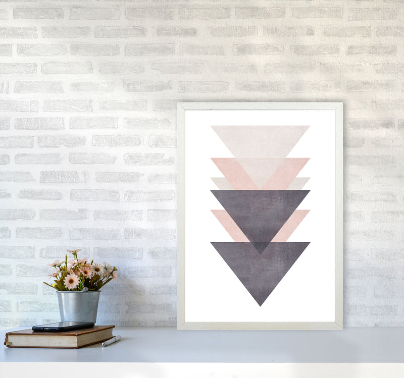 Cotton, Pink And Grey Abstract Triangles Modern Print A2 Oak Frame