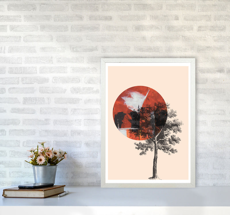 Red Sun And Tree Abstract Modern Print A2 Oak Frame
