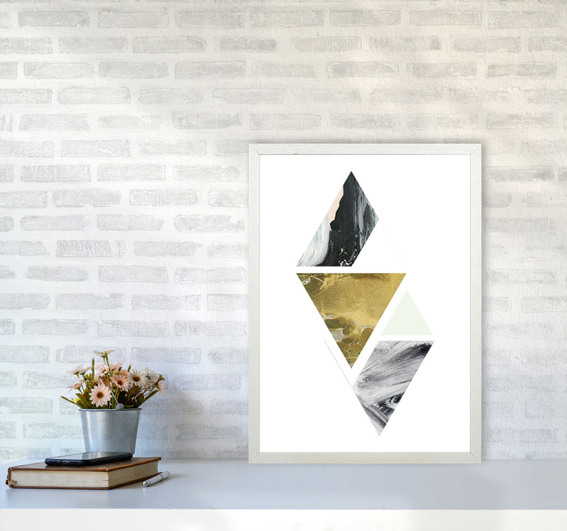 Textured Peach, Green And Grey Abstract Triangles Modern Print A2 Oak Frame