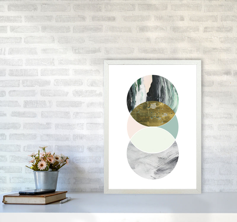 Textured Peach, Green And Grey Abstract Circles Modern Print A2 Oak Frame