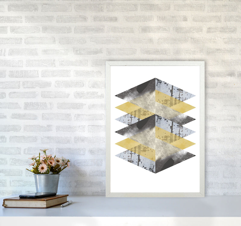 Scuff, Yellow And Grey Abstract Triangles Modern Print A2 Oak Frame