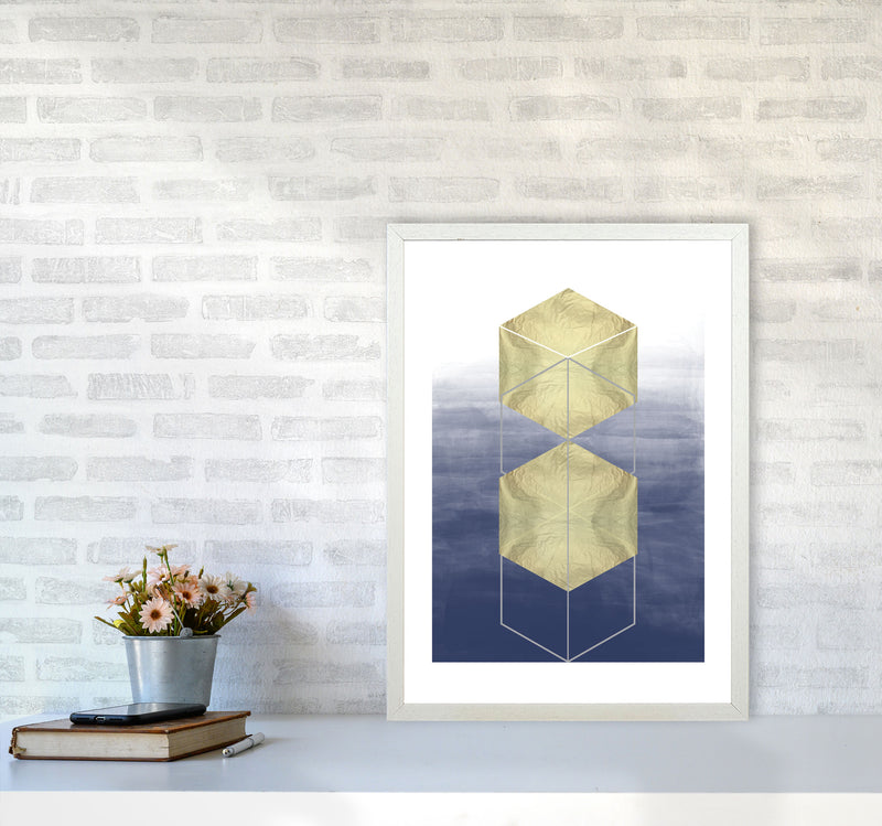 Navy And Gold Abstract Hexagons Modern Print A2 Oak Frame