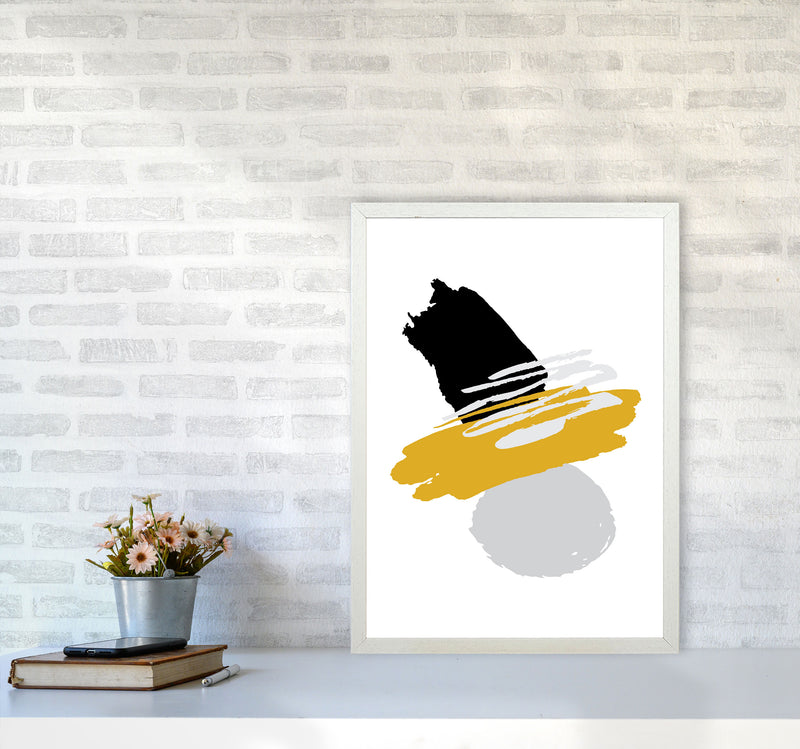 Mustard And Black Abstract Paint Shapes Modern Print A2 Oak Frame