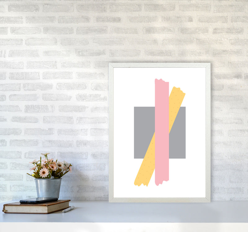 Grey Square With Pink And Yellow Bow Abstract Modern Print A2 Oak Frame