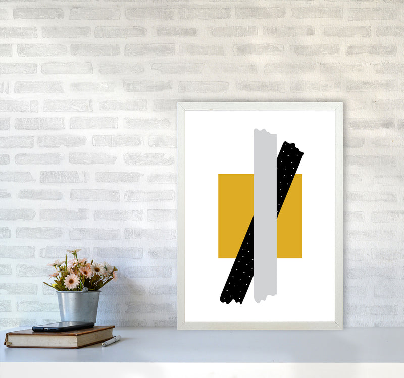 Yellow Square With Grey And Black Bow Abstract Modern Print A2 Oak Frame