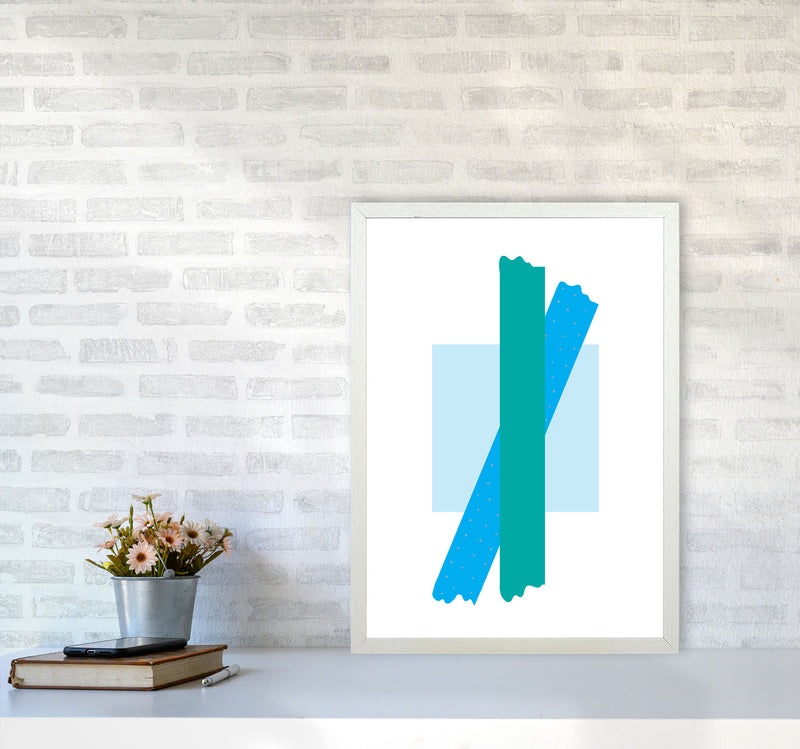Blue Square With Blue And Teal Bow Abstract Modern Print A2 Oak Frame