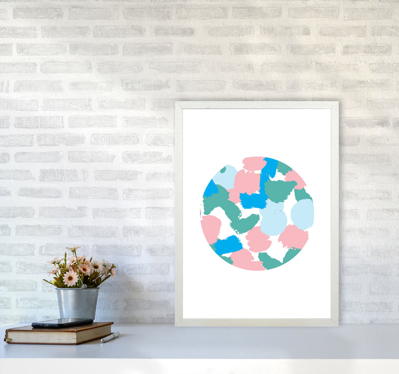 Pink And Green Paint Splodge Circle Abstract Modern Print A2 Oak Frame