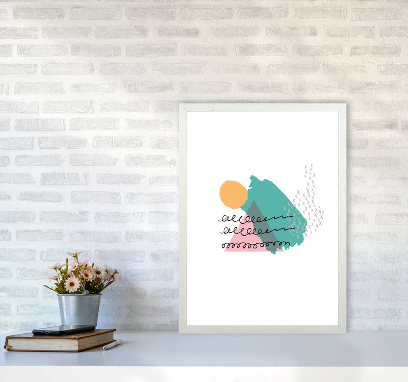 Pink And Teal Mountain Sun Abstract Modern Print A2 Oak Frame