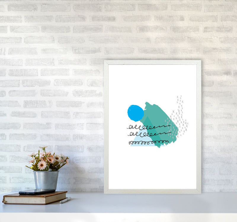 Teal And Blue Mountain Sun Abstract Modern Print A2 Oak Frame