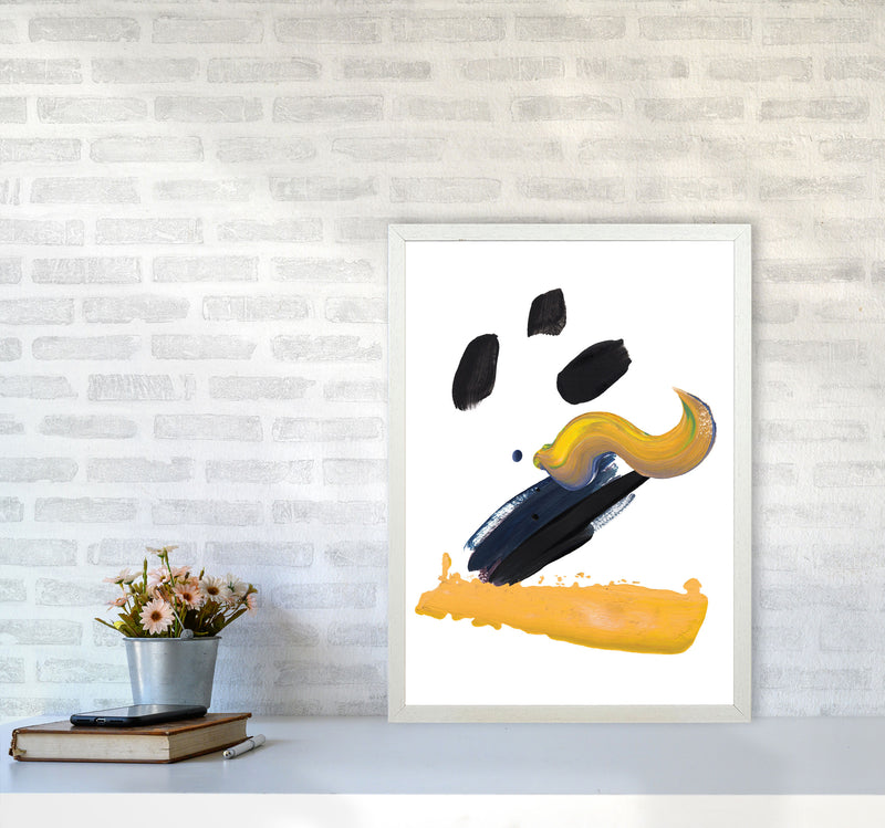 Mustard And Black Abstract Paint Strokes Modern Print A2 Oak Frame