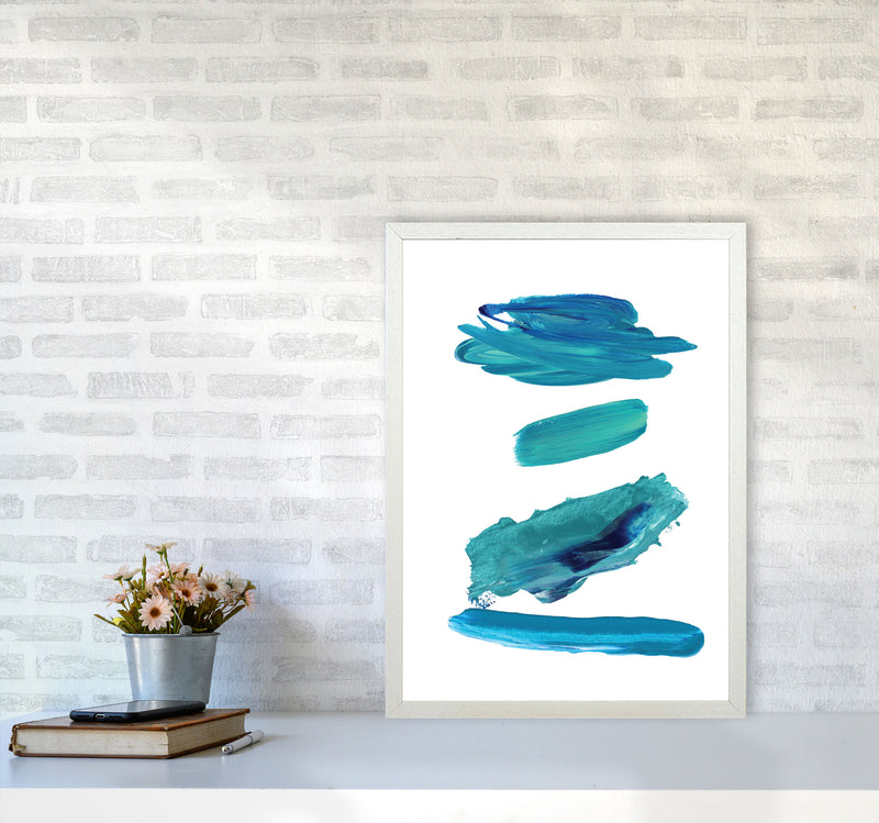 Turquoise Abstract Paint Strokes Modern Print A2 Oak Frame