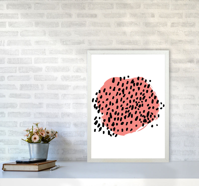 Coral Blob With Black Polka Dots Abstract Modern Print A2 Oak Frame