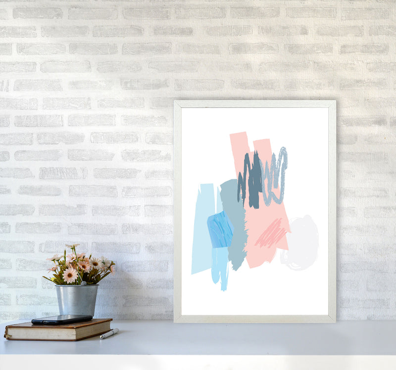 Blue And Pink Abstract Scribbles Modern Print A2 Oak Frame